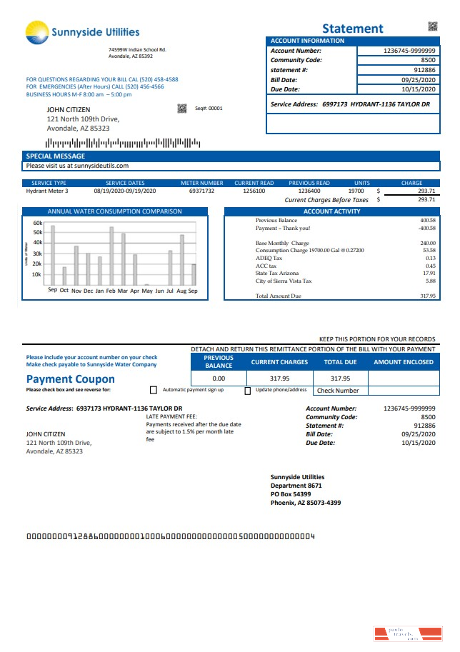 USA Washington Sunnyside Utilities water utility bill template in Word and PDF format